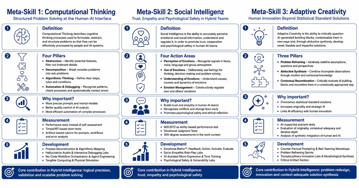Infographic showing the three meta-skills for human-AI collaboration: Computational Thinking, Social Intelligence and Adaptive Creativity.