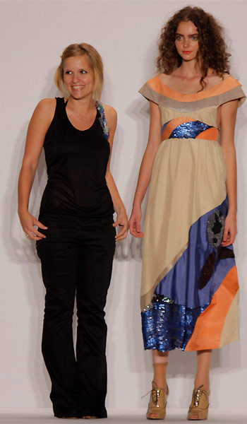 fig.: Johanna Hatzenbuehler spring/summer 2009. Designer Johanna Hatzenbuehler with model in one of the spring/summer 2009 dresses on the catwalk during the Mercedes-Benz Fashion Week in New York City on 5 September 2008. Photo: (C) Randy Brooke